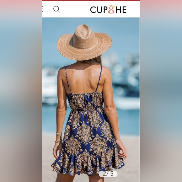 Geo Print V Neck Blue Mini Dress - Picture 4 of 6